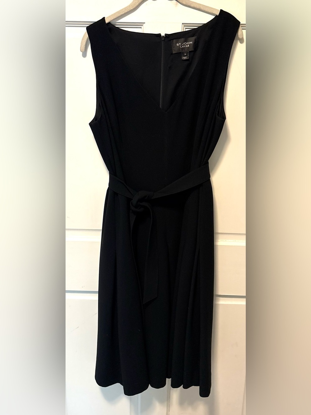 St John Caviar black sleeveless a-line midi belted women’s dress 12 l large